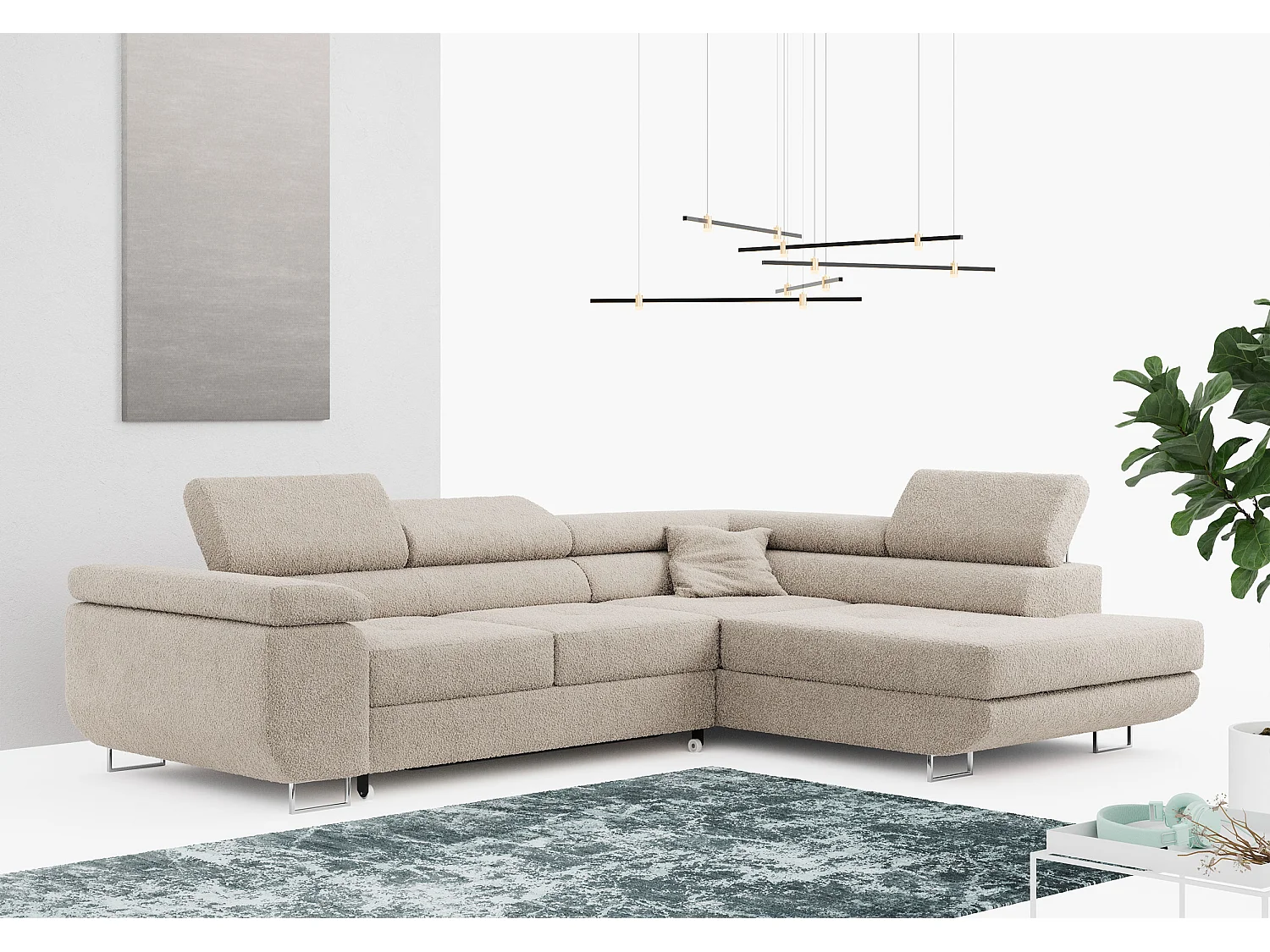 Ecksofa GUSTAW - mit Schlaffunktion, verstellbare Kopfstützen, Metallbeine - Creme Boucle - Ecke Rechts