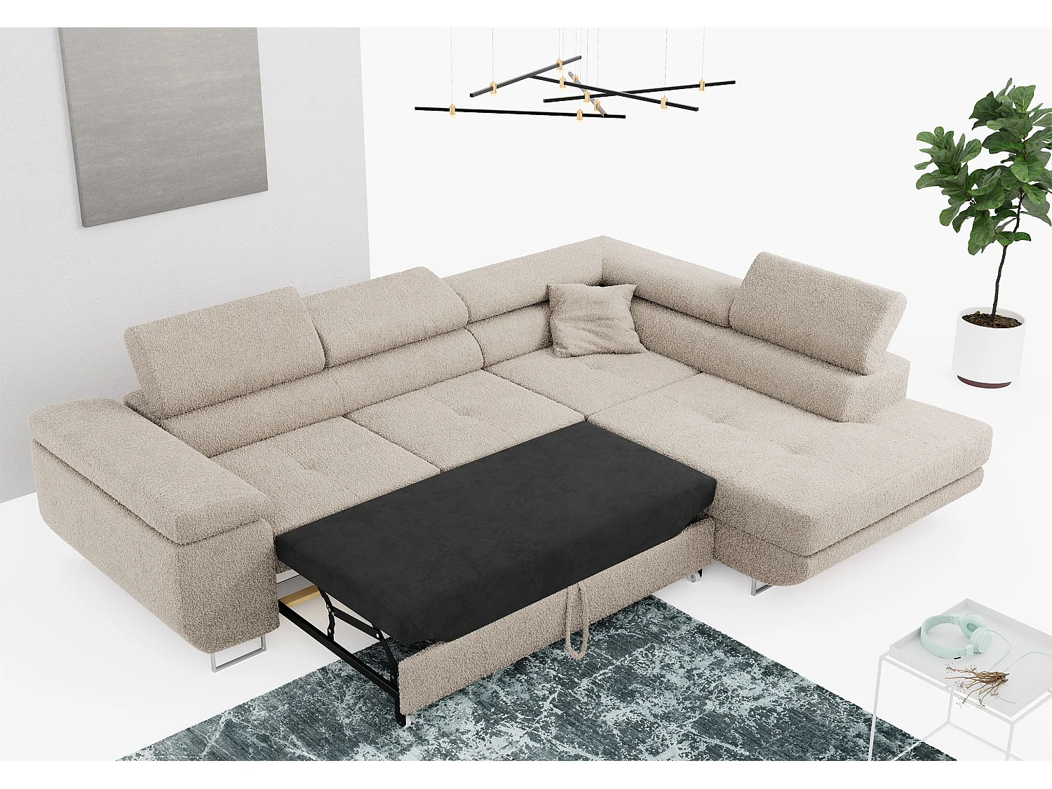 Ecksofa GUSTAW - mit Schlaffunktion, verstellbare Kopfstützen, Metallbeine - Creme Boucle - Ecke Rechts