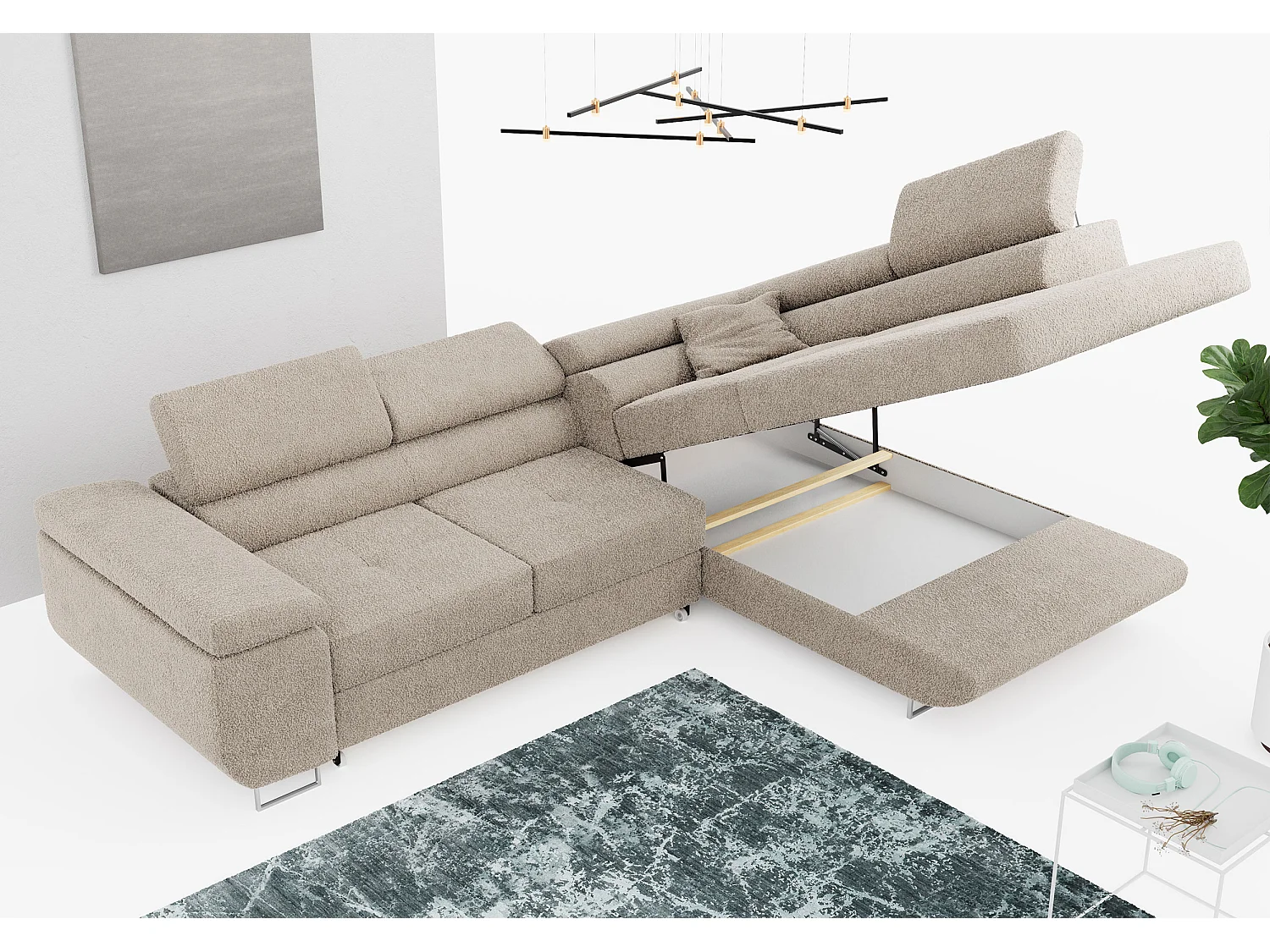 Ecksofa GUSTAW - mit Schlaffunktion, verstellbare Kopfstützen, Metallbeine - Creme Boucle - Ecke Rechts