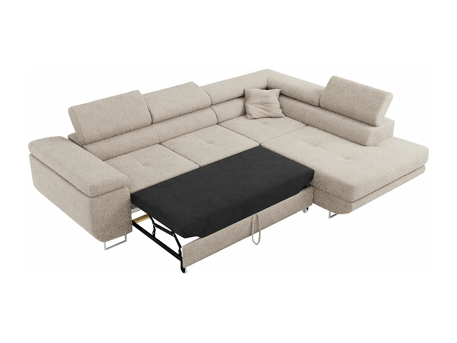 Ecksofa GUSTAW - mit Schlaffunktion, verstellbare Kopfstützen, Metallbeine - Creme Boucle - Ecke Rechts