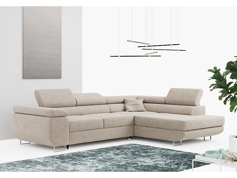 Ecksofa GUSTAW - mit Schlaffunktion, verstellbare Kopfstützen, Metallbeine - Creme Boucle - Ecke Rechts