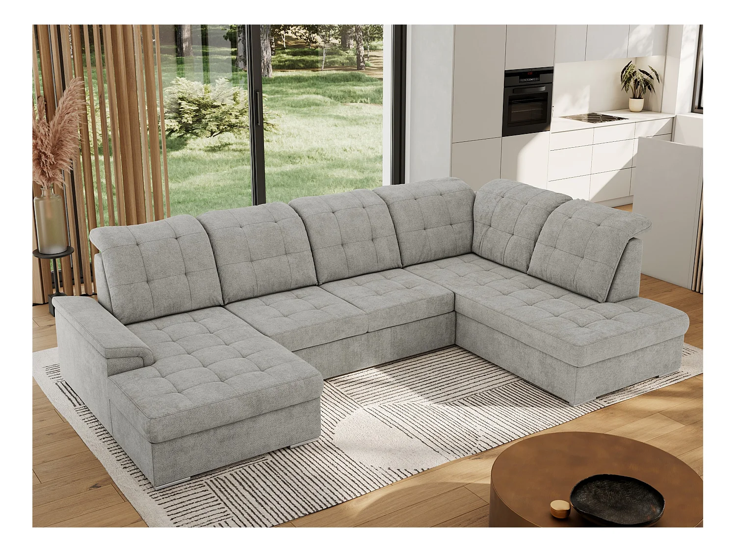 Ecksofa MADRITO U - mit verstellbarer Rückenlehne, Armlehne, L-förmige Ecke, Bettkasten - Hellgrau Struktur - Ecke Rechts