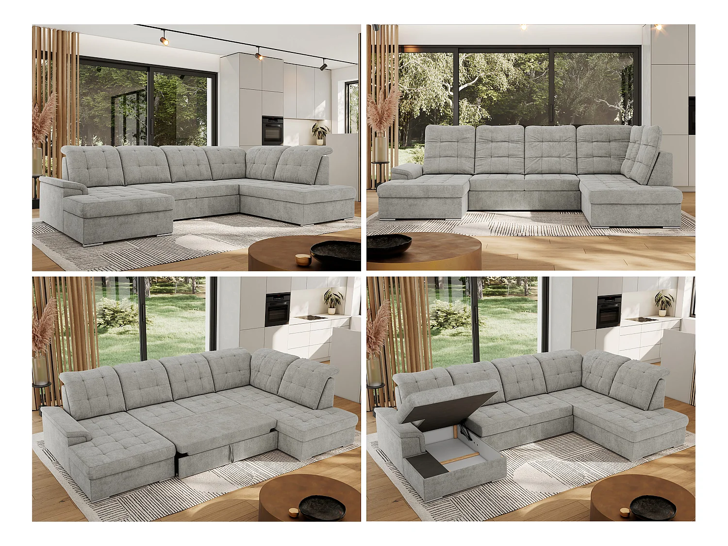 Ecksofa MADRITO U - mit verstellbarer Rückenlehne, Armlehne, L-förmige Ecke, Bettkasten - Hellgrau Struktur - Ecke Rechts