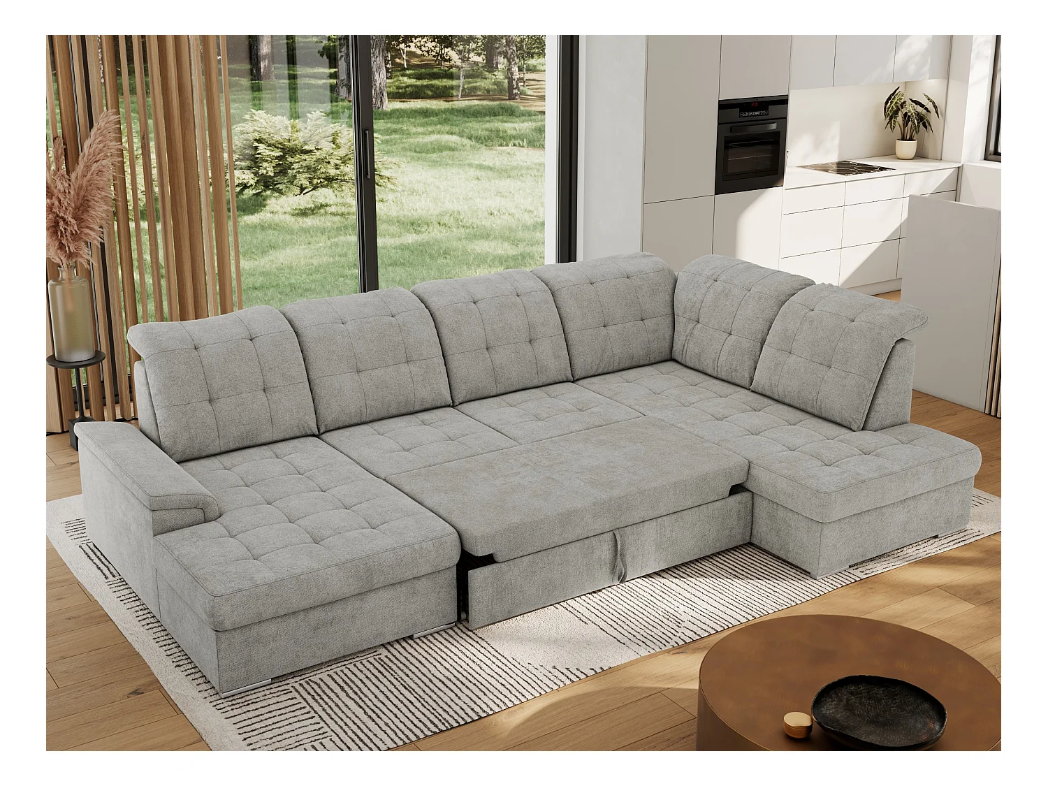 Ecksofa MADRITO U - mit verstellbarer Rückenlehne, Armlehne, L-förmige Ecke, Bettkasten - Hellgrau Struktur - Ecke Rechts