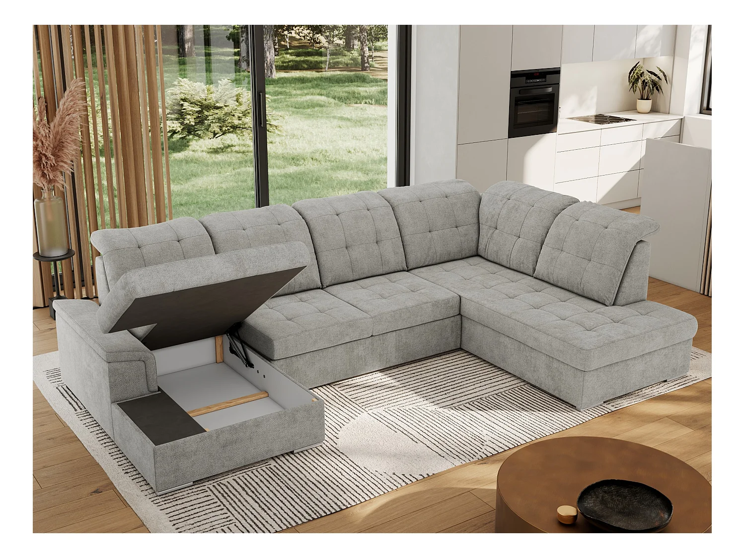 Ecksofa MADRITO U - mit verstellbarer Rückenlehne, Armlehne, L-förmige Ecke, Bettkasten - Hellgrau Struktur - Ecke Rechts