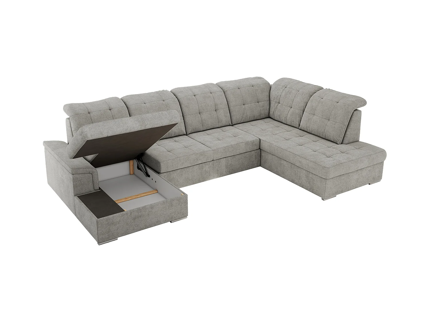 Ecksofa MADRITO U - mit verstellbarer Rückenlehne, Armlehne, L-förmige Ecke, Bettkasten - Hellgrau Struktur - Ecke Rechts