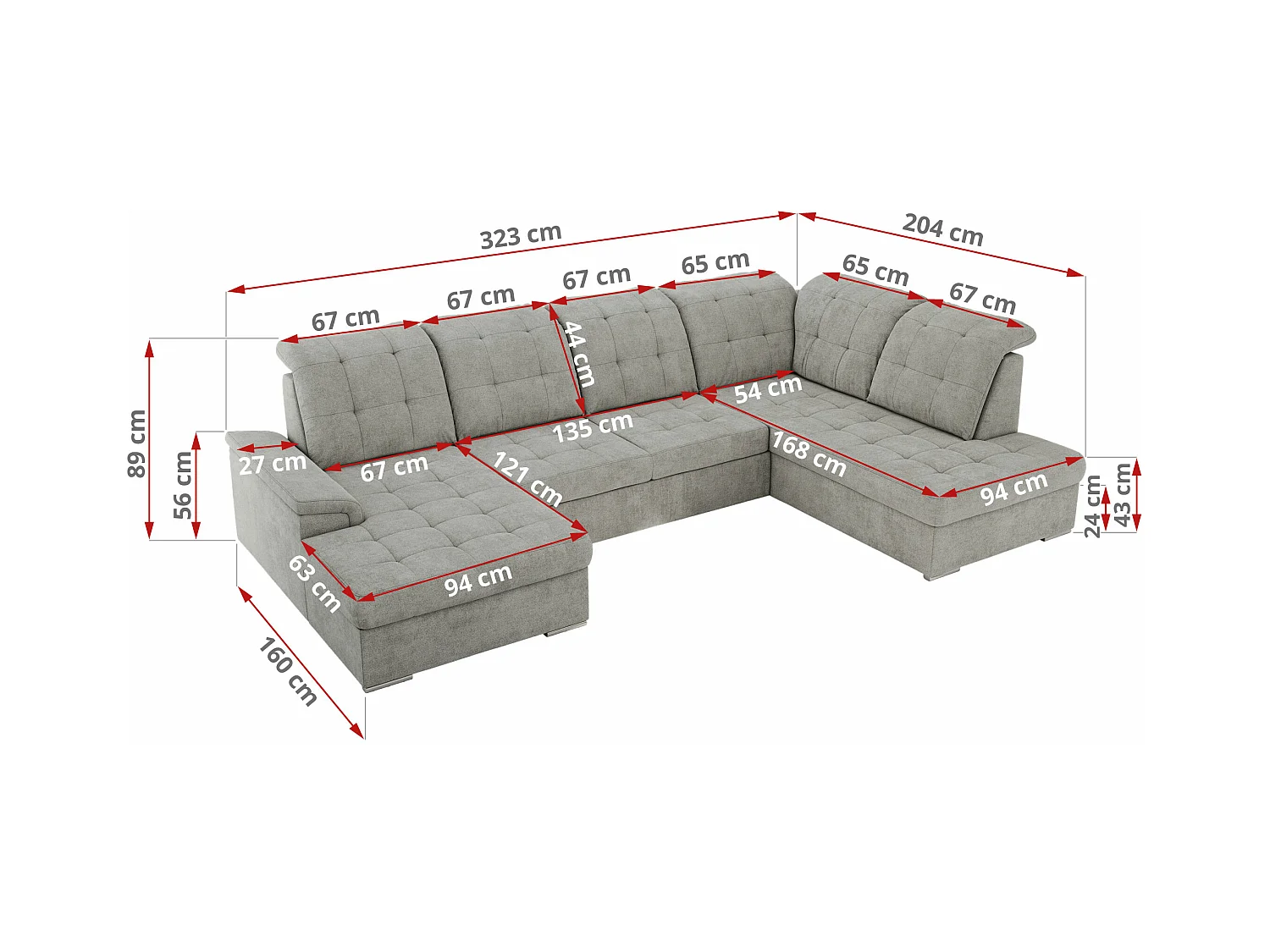 Ecksofa MADRITO U - mit verstellbarer Rückenlehne, Armlehne, L-förmige Ecke, Bettkasten - Hellgrau Struktur - Ecke Rechts