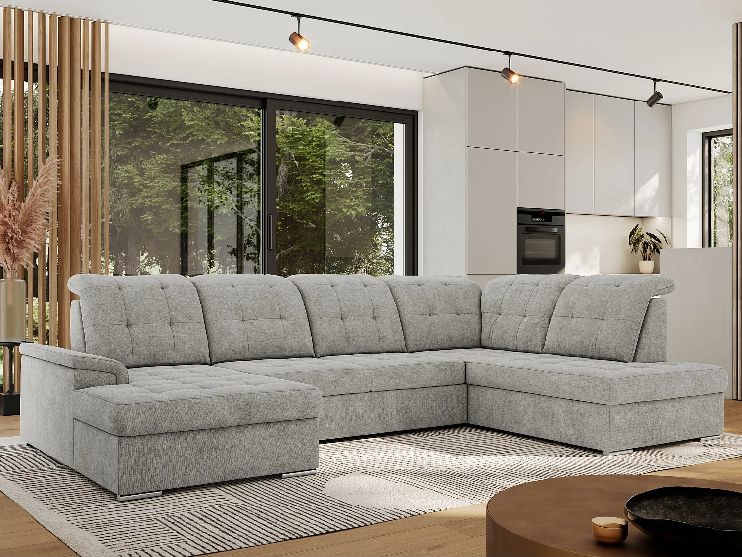 Ecksofa MADRITO U - mit verstellbarer Rückenlehne, Armlehne, L-förmige Ecke, Bettkasten - Hellgrau Struktur - Ecke Rechts