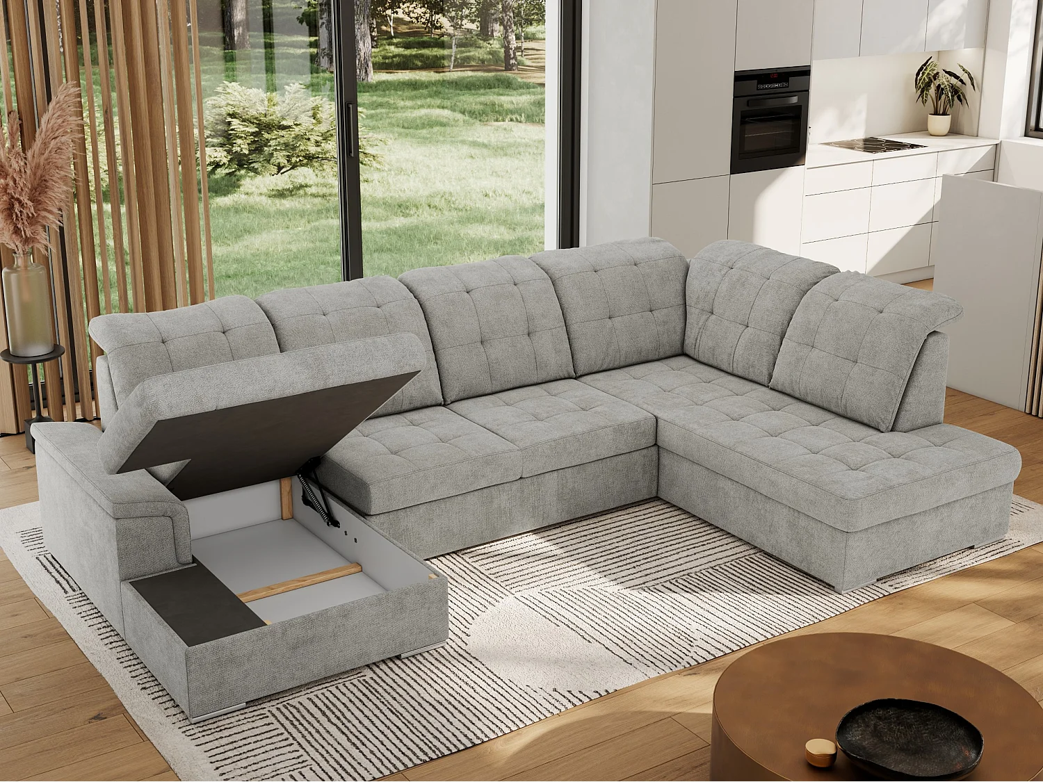 Ecksofa MADRITO U - mit verstellbarer Rückenlehne, Armlehne, L-förmige Ecke, Bettkasten - Hellgrau Struktur - Ecke Rechts
