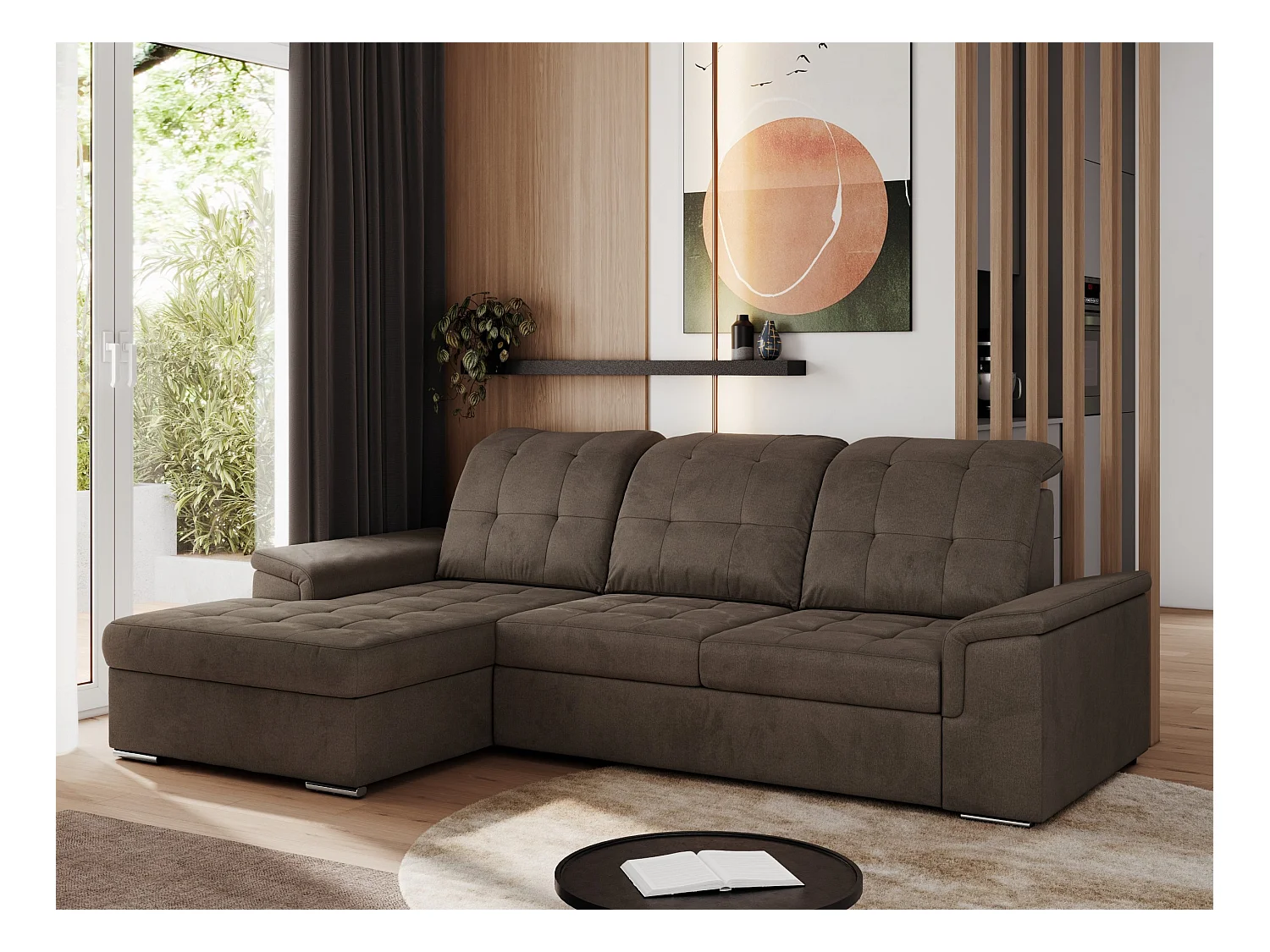 Ecksofa MADRITO - mit verstellbarer Rückenlehne, Armlehnen, gestepptem Sitz und Rückenlehne, Schlaffunktion - Braun Velvet - Ecke Links