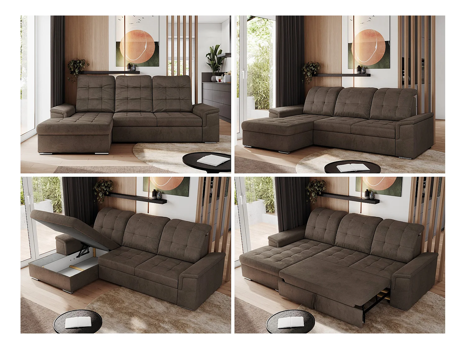 Ecksofa MADRITO - mit verstellbarer Rückenlehne, Armlehnen, gestepptem Sitz und Rückenlehne, Schlaffunktion - Braun Velvet - Ecke Links