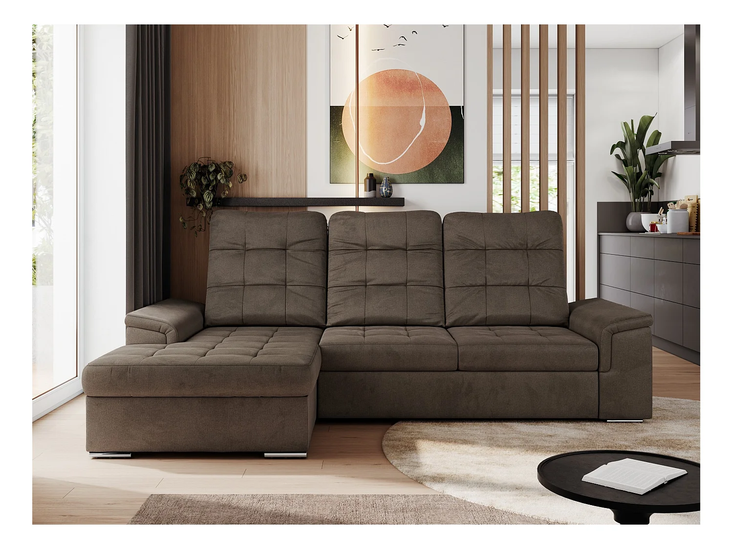 Ecksofa MADRITO - mit verstellbarer Rückenlehne, Armlehnen, gestepptem Sitz und Rückenlehne, Schlaffunktion - Braun Velvet - Ecke Links