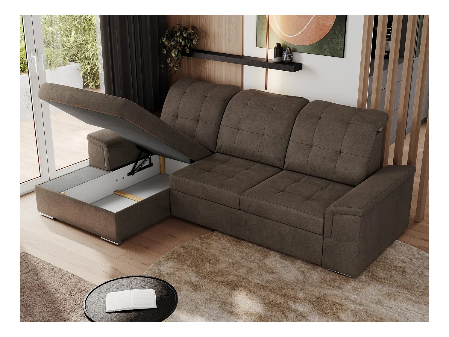 Ecksofa MADRITO - mit verstellbarer Rückenlehne, Armlehnen, gestepptem Sitz und Rückenlehne, Schlaffunktion - Braun Velvet - Ecke Links