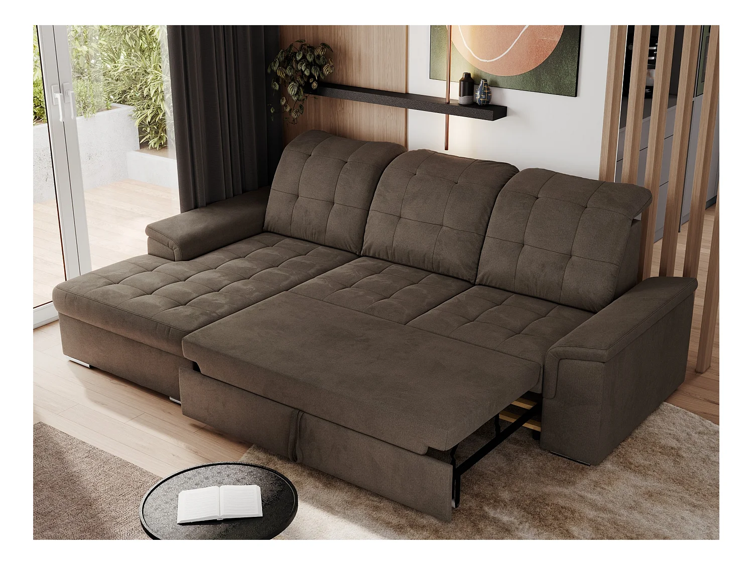 Ecksofa MADRITO - mit verstellbarer Rückenlehne, Armlehnen, gestepptem Sitz und Rückenlehne, Schlaffunktion - Braun Velvet - Ecke Links