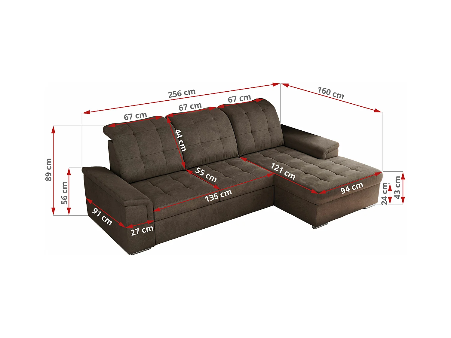 Ecksofa MADRITO - mit verstellbarer Rückenlehne, Armlehnen, gestepptem Sitz und Rückenlehne, Schlaffunktion - Braun Velvet - Ecke Links
