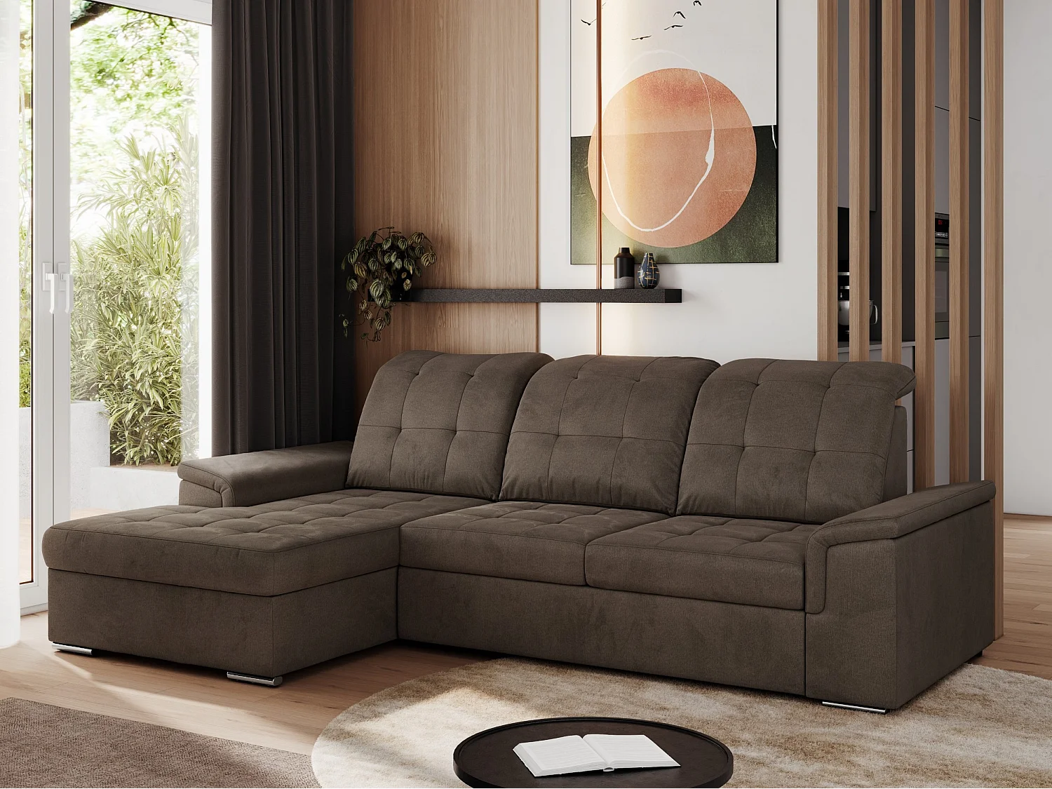 Ecksofa MADRITO - mit verstellbarer Rückenlehne, Armlehnen, gestepptem Sitz und Rückenlehne, Schlaffunktion - Braun Velvet - Ecke Links