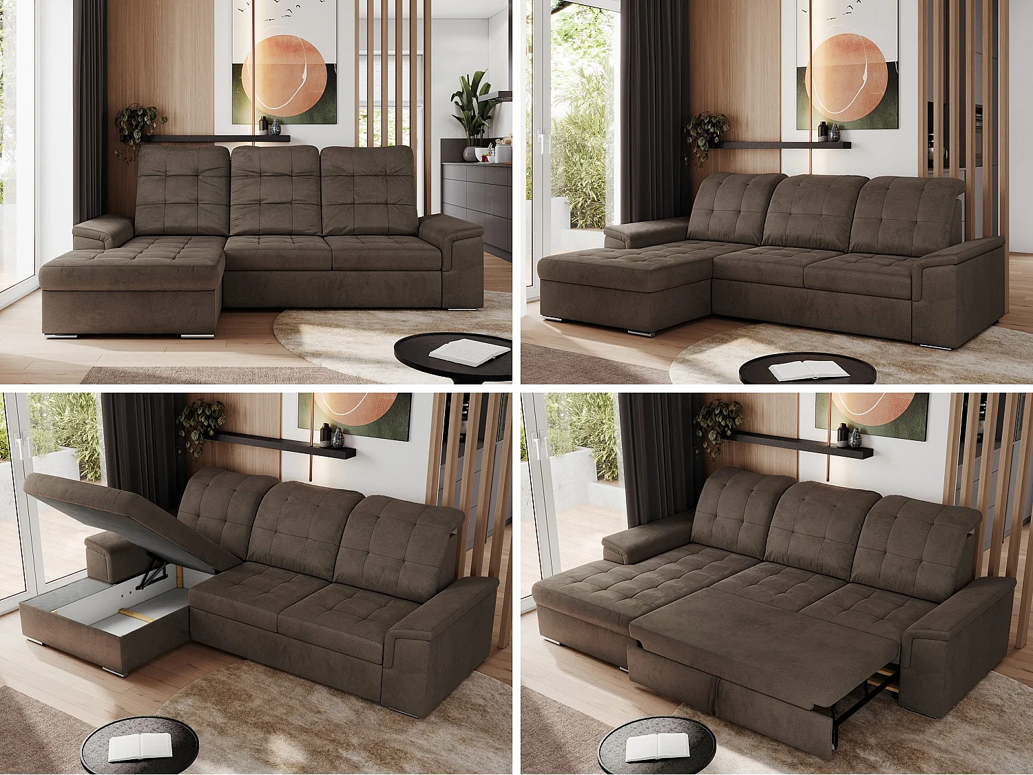 Ecksofa MADRITO - mit verstellbarer Rückenlehne, Armlehnen, gestepptem Sitz und Rückenlehne, Schlaffunktion - Braun Velvet - Ecke Links