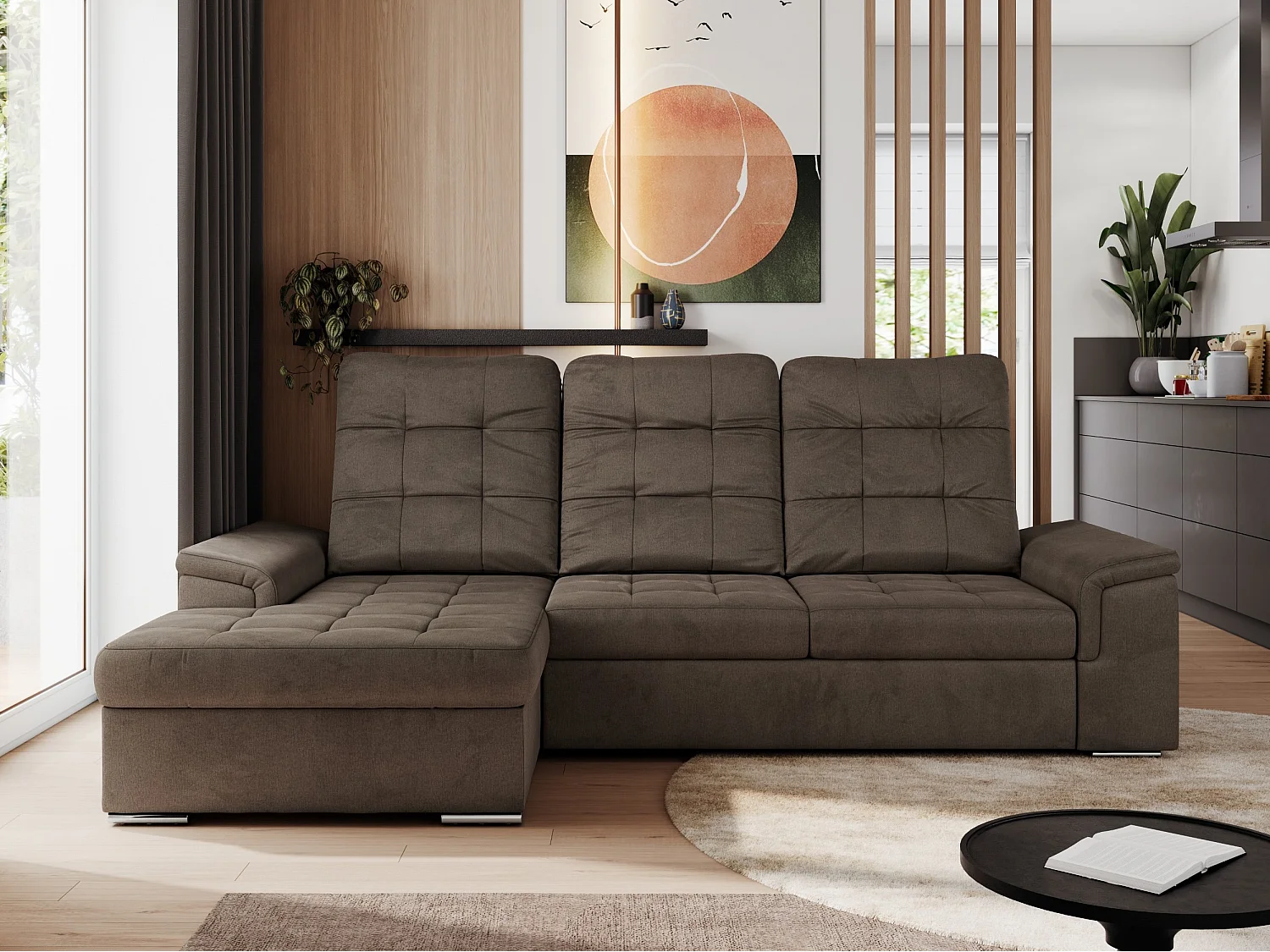 Ecksofa MADRITO - mit verstellbarer Rückenlehne, Armlehnen, gestepptem Sitz und Rückenlehne, Schlaffunktion - Braun Velvet - Ecke Links