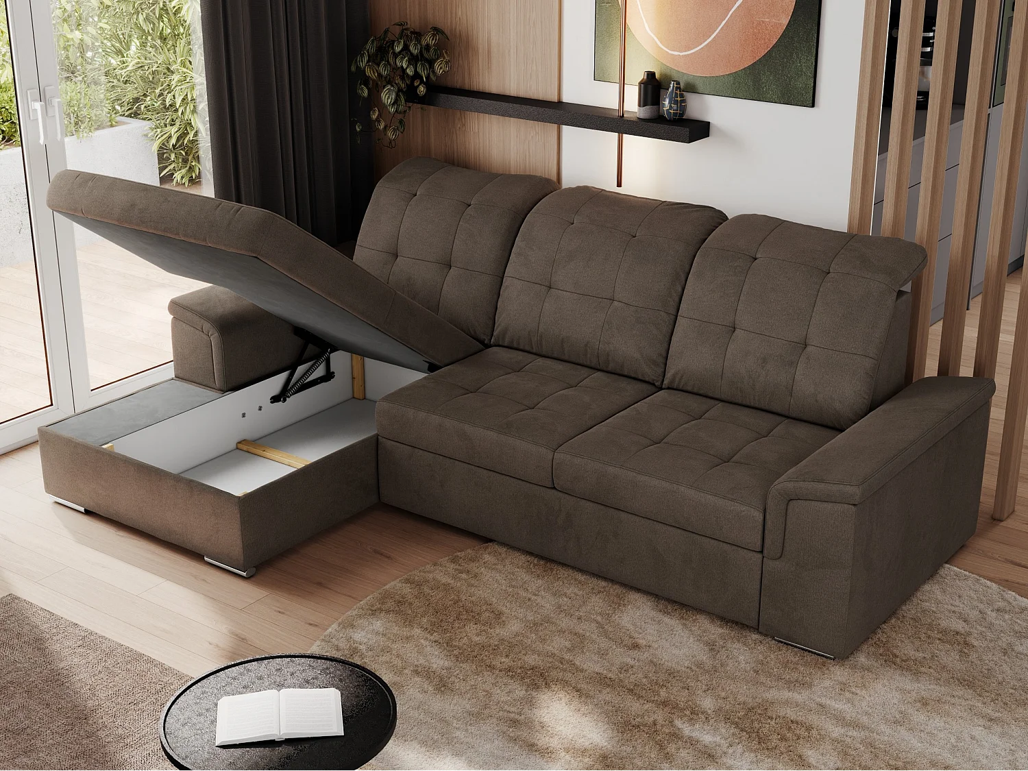 Ecksofa MADRITO - mit verstellbarer Rückenlehne, Armlehnen, gestepptem Sitz und Rückenlehne, Schlaffunktion - Braun Velvet - Ecke Links