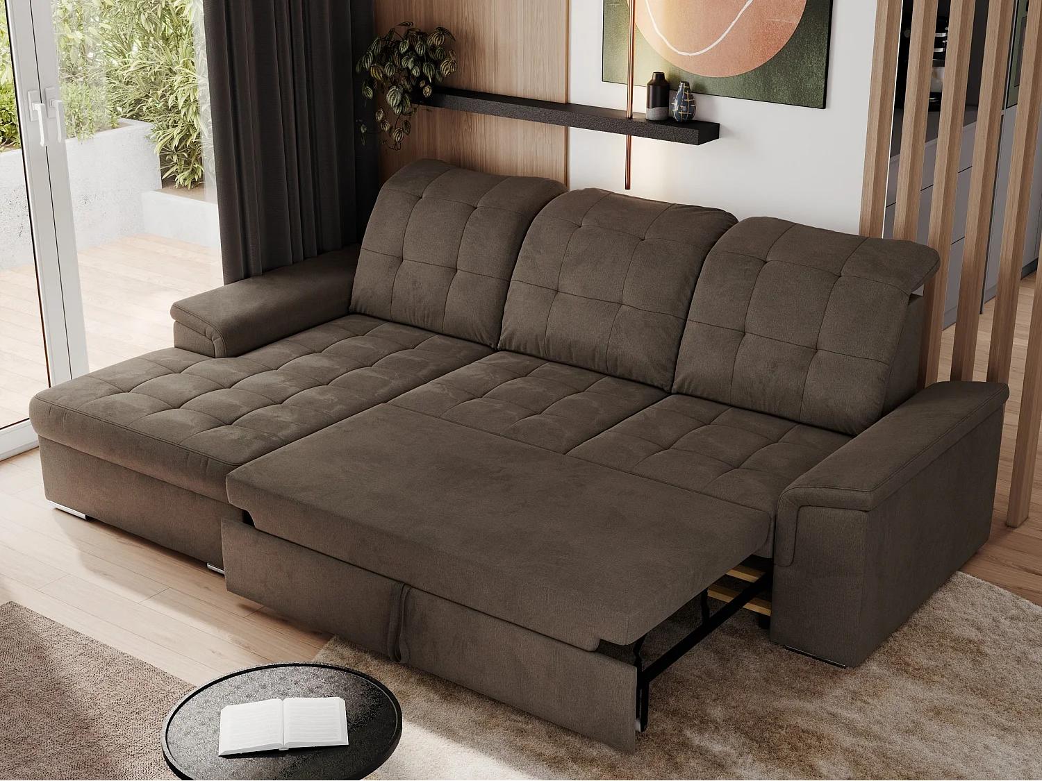 Ecksofa MADRITO - mit verstellbarer Rückenlehne, Armlehnen, gestepptem Sitz und Rückenlehne, Schlaffunktion - Braun Velvet - Ecke Links