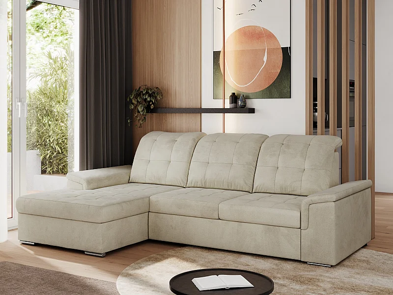 Ecksofa MADRITO - mit verstellbarer Rückenlehne, Armlehnen, gestepptem Sitz und Rückenlehne, Schlaffunktion - Beige Velvet - Ecke Links