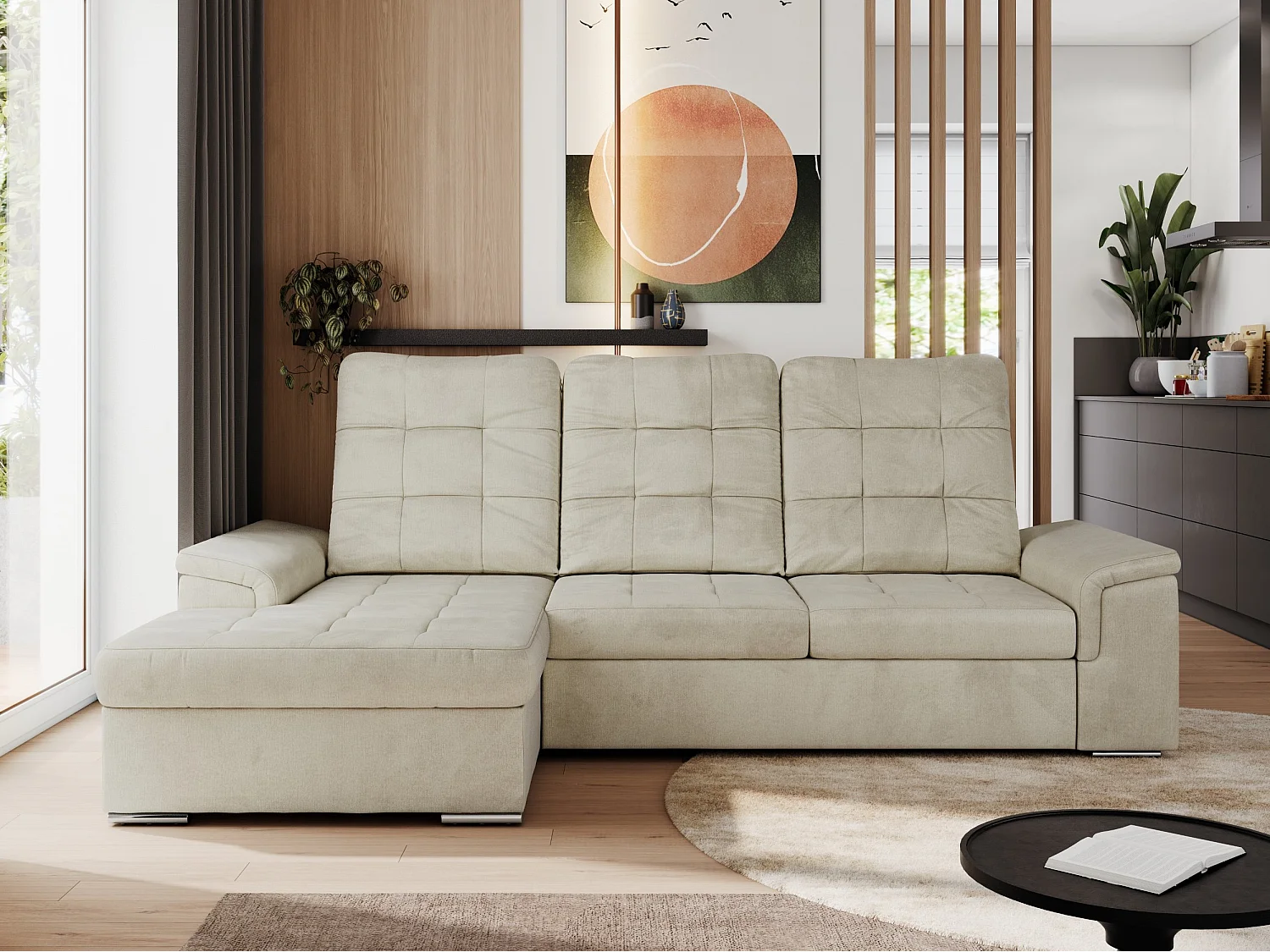 Ecksofa MADRITO - mit verstellbarer Rückenlehne, Armlehnen, gestepptem Sitz und Rückenlehne, Schlaffunktion - Beige Velvet - Ecke Links