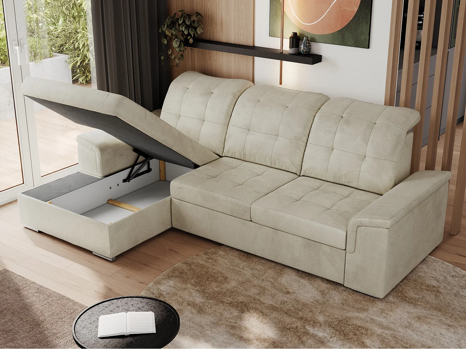 Ecksofa MADRITO - mit verstellbarer Rückenlehne, Armlehnen, gestepptem Sitz und Rückenlehne, Schlaffunktion - Beige Velvet - Ecke Links