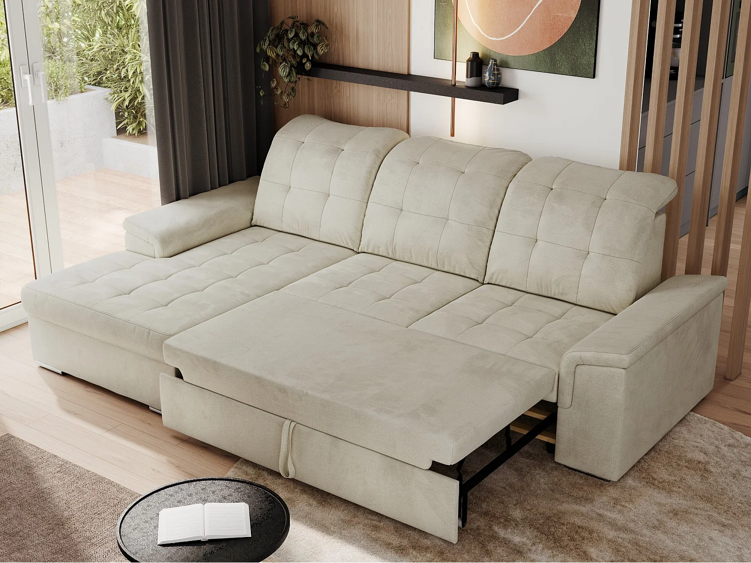 Ecksofa MADRITO - mit verstellbarer Rückenlehne, Armlehnen, gestepptem Sitz und Rückenlehne, Schlaffunktion - Beige Velvet - Ecke Links