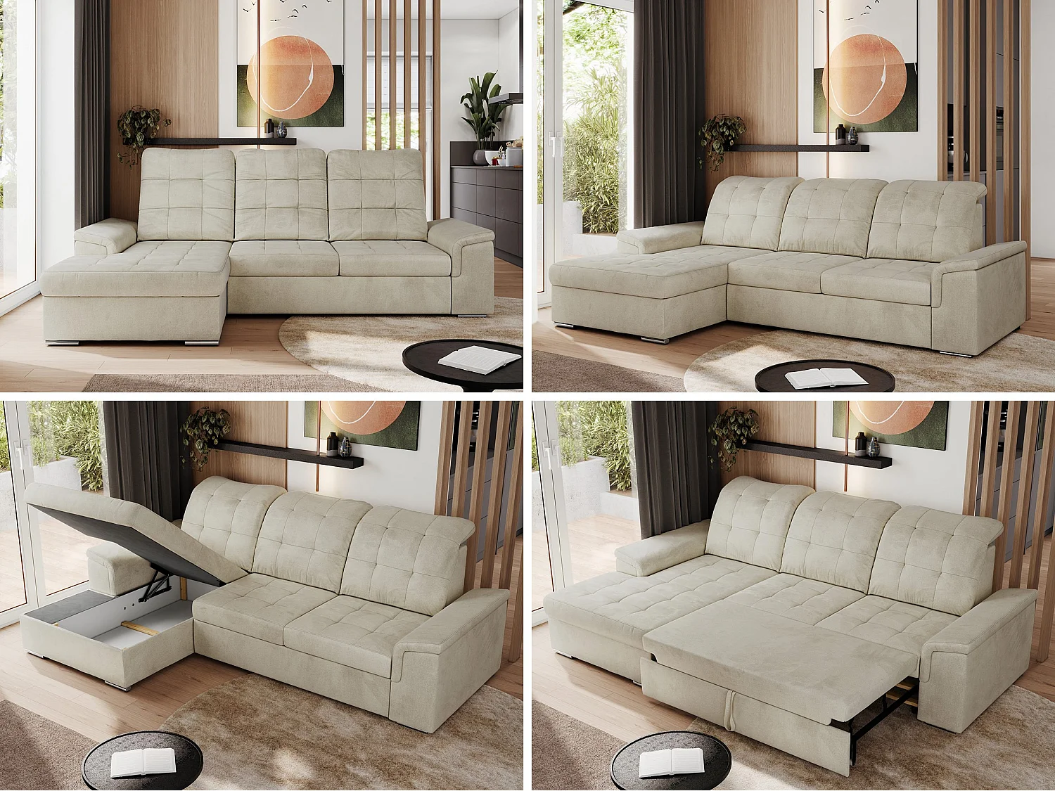 Ecksofa MADRITO - mit verstellbarer Rückenlehne, Armlehnen, gestepptem Sitz und Rückenlehne, Schlaffunktion - Beige Velvet - Ecke Links