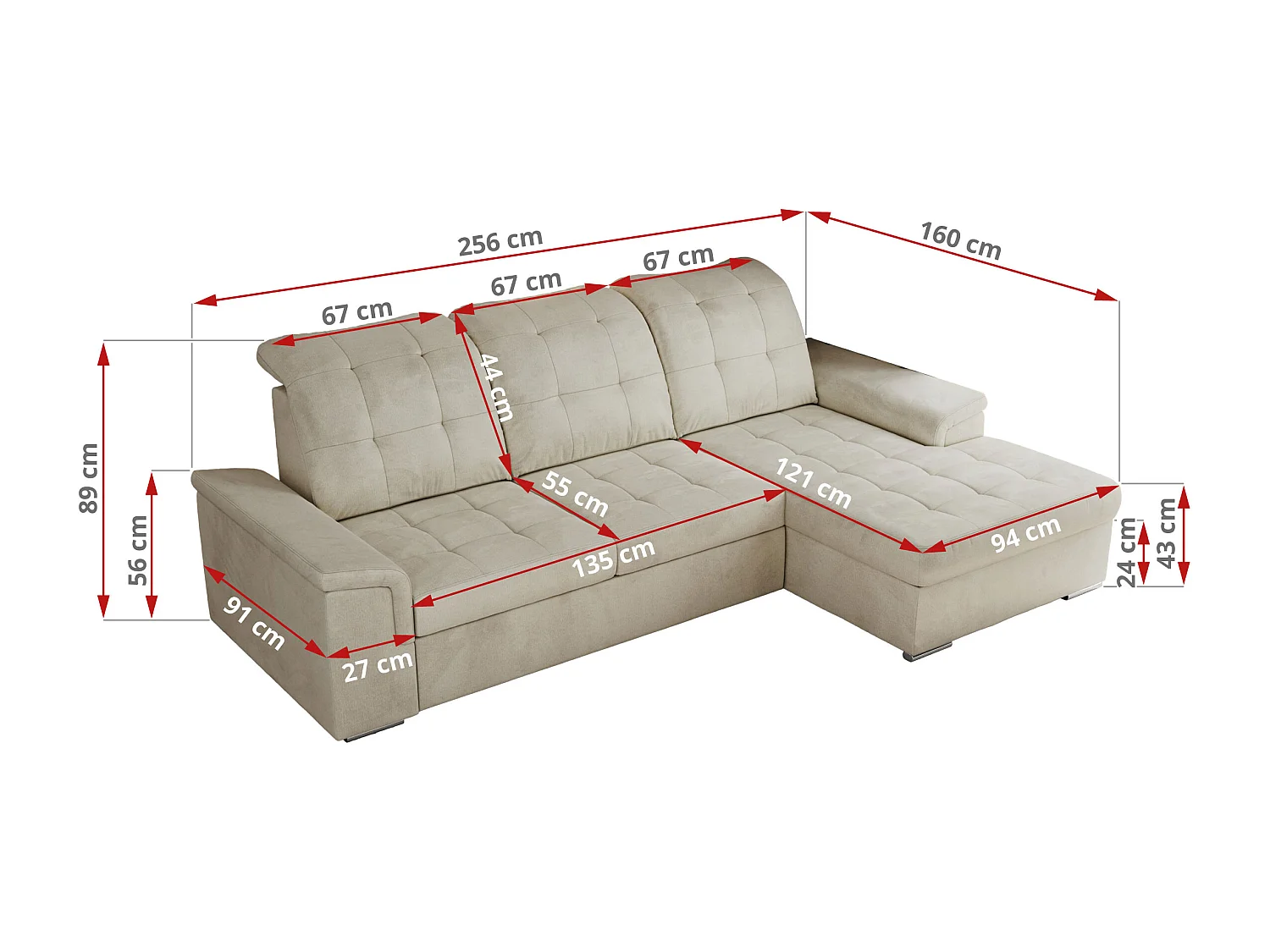 Ecksofa MADRITO - mit verstellbarer Rückenlehne, Armlehnen, gestepptem Sitz und Rückenlehne, Schlaffunktion - Beige Velvet - Ecke Links