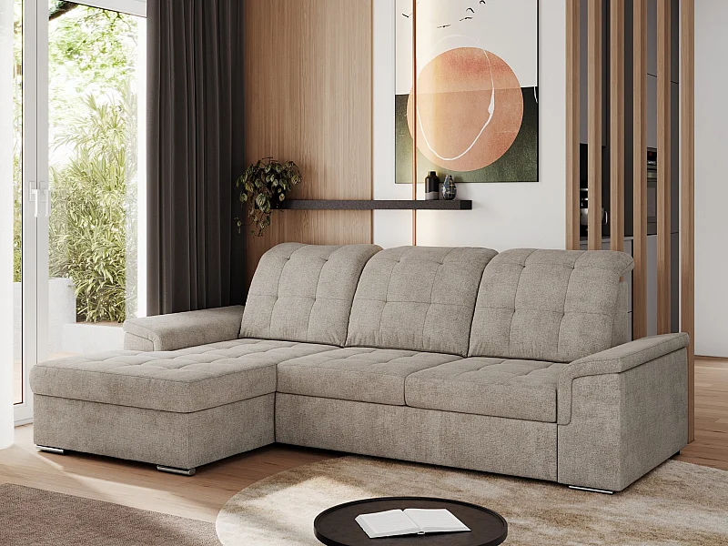Ecksofa MADRITO - mit verstellbarer Rückenlehne, Armlehnen, gestepptem Sitz und Rückenlehne, Schlaffunktion - Beige Struktur - Ecke Links