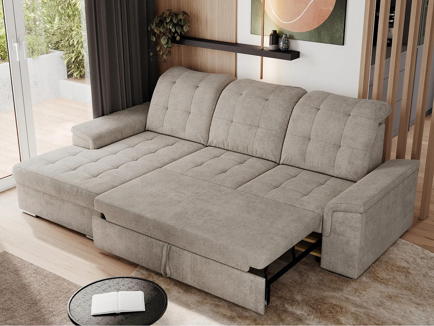 Ecksofa MADRITO - mit verstellbarer Rückenlehne, Armlehnen, gestepptem Sitz und Rückenlehne, Schlaffunktion - Beige Struktur - Ecke Links