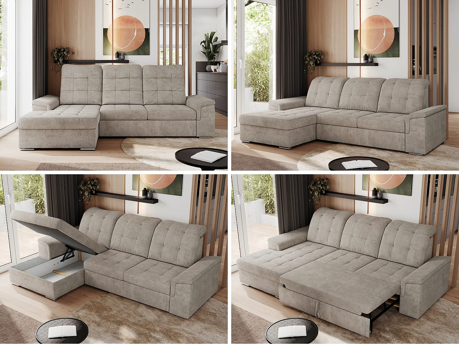 Ecksofa MADRITO - mit verstellbarer Rückenlehne, Armlehnen, gestepptem Sitz und Rückenlehne, Schlaffunktion - Beige Struktur - Ecke Links