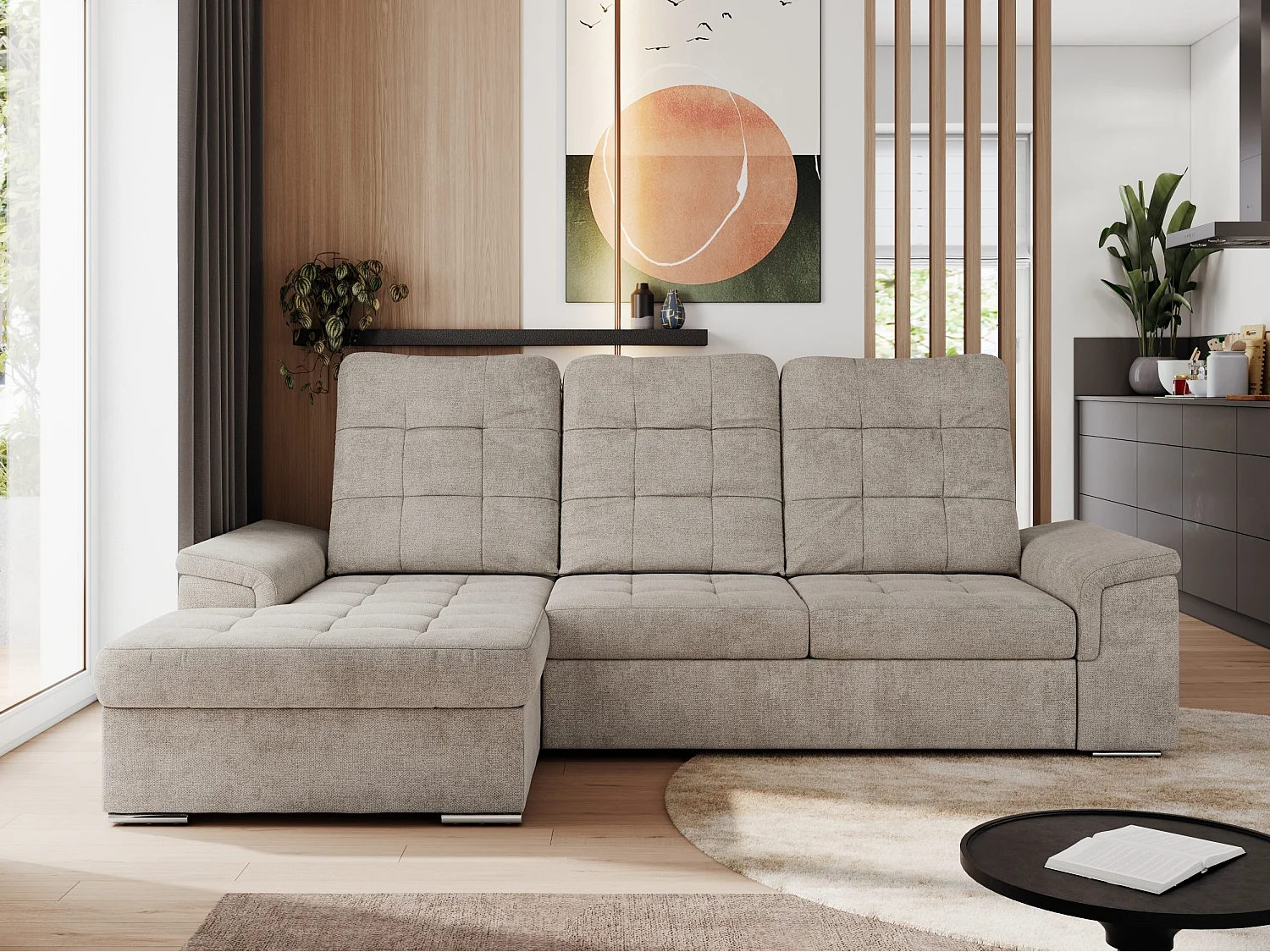 Ecksofa MADRITO - mit verstellbarer Rückenlehne, Armlehnen, gestepptem Sitz und Rückenlehne, Schlaffunktion - Beige Struktur - Ecke Links