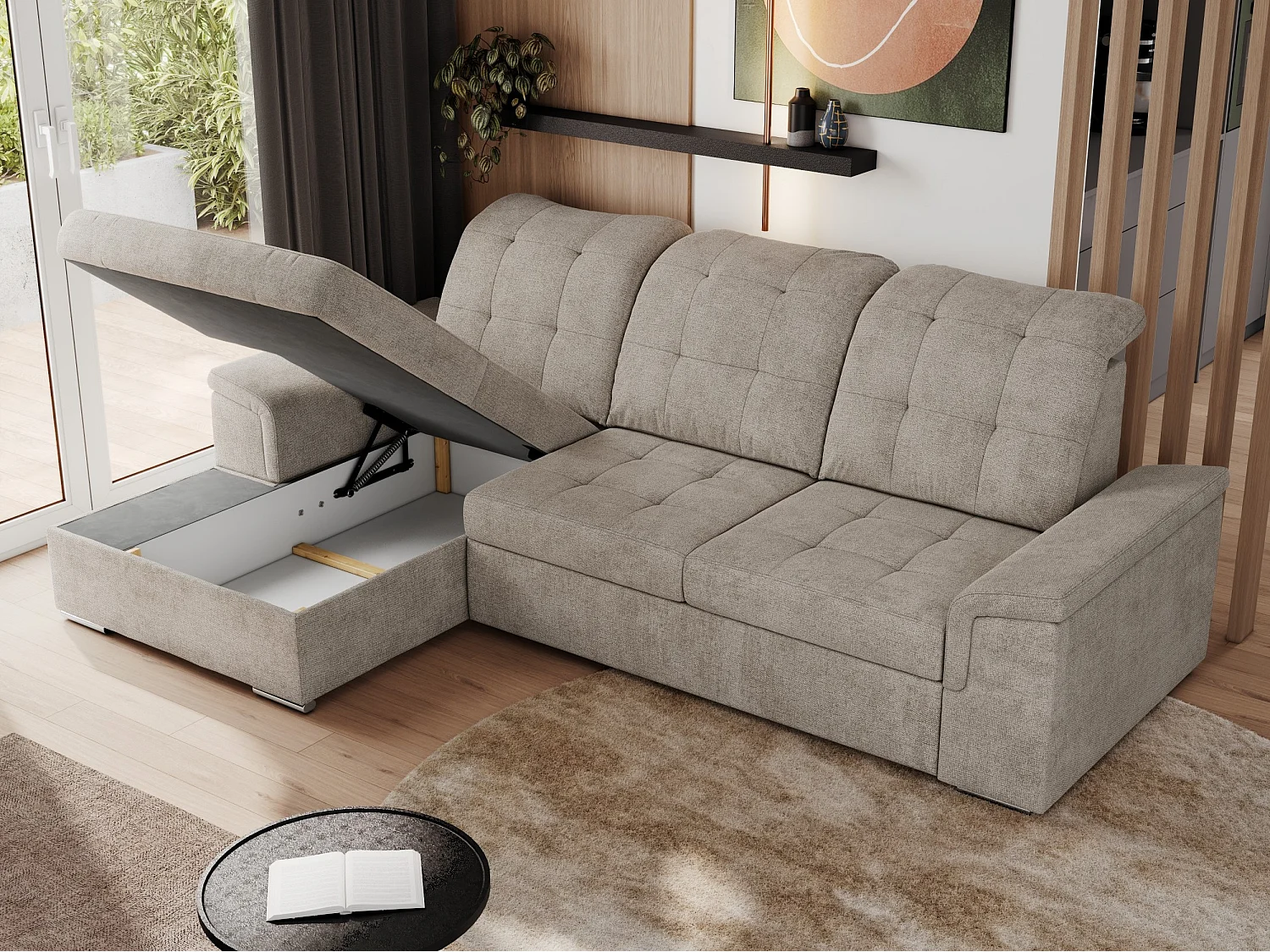 Ecksofa MADRITO - mit verstellbarer Rückenlehne, Armlehnen, gestepptem Sitz und Rückenlehne, Schlaffunktion - Beige Struktur - Ecke Links