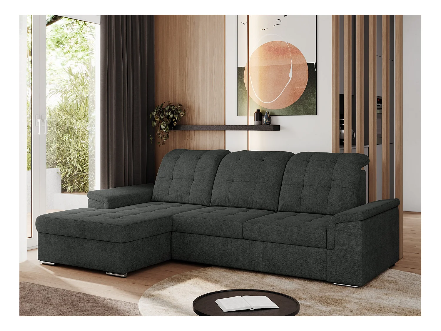 Ecksofa MADRITO - mit verstellbarer Rückenlehne, Armlehnen, gestepptem Sitz und Rückenlehne, Schlaffunktion - Dunkelgrau Struktur - Ecke Links