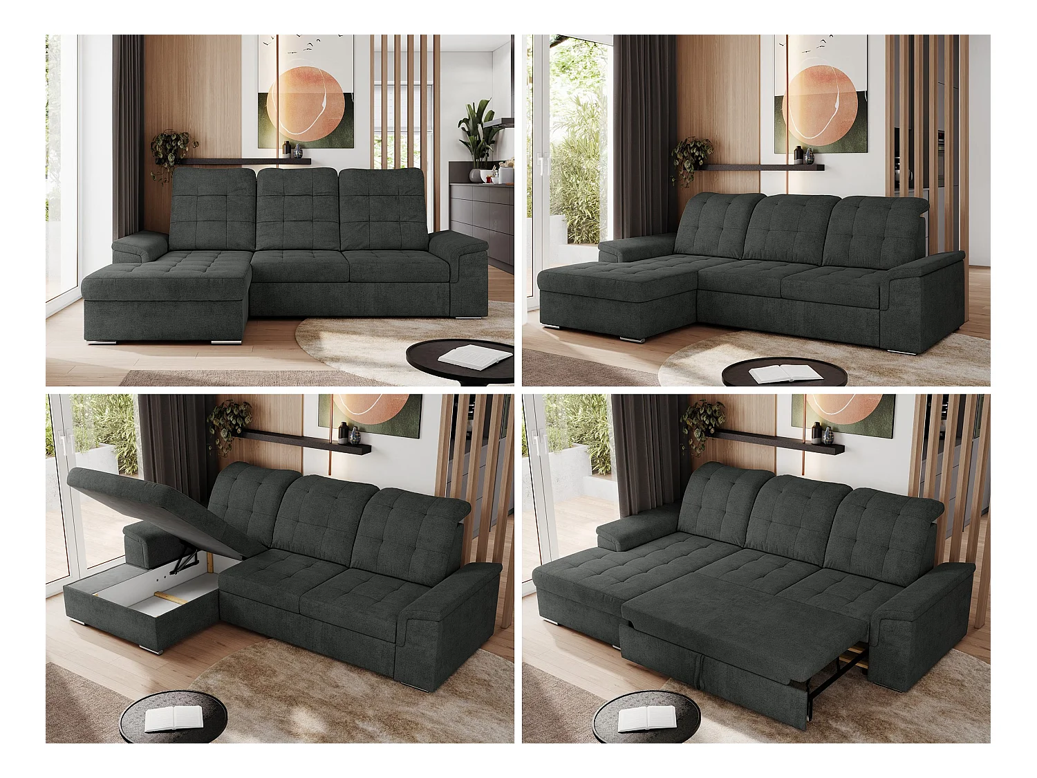 Ecksofa MADRITO - mit verstellbarer Rückenlehne, Armlehnen, gestepptem Sitz und Rückenlehne, Schlaffunktion - Dunkelgrau Struktur - Ecke Links