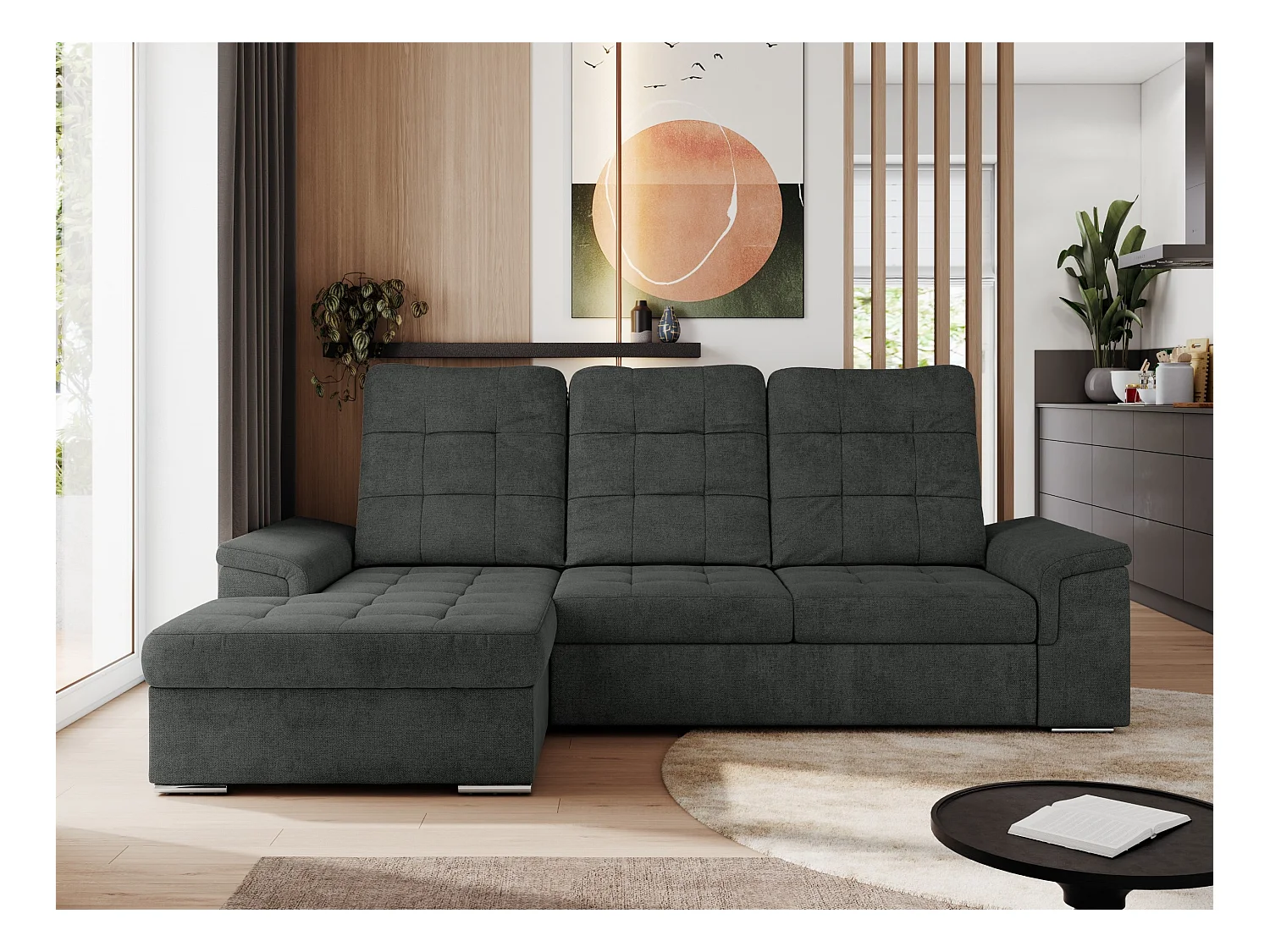 Ecksofa MADRITO - mit verstellbarer Rückenlehne, Armlehnen, gestepptem Sitz und Rückenlehne, Schlaffunktion - Dunkelgrau Struktur - Ecke Links