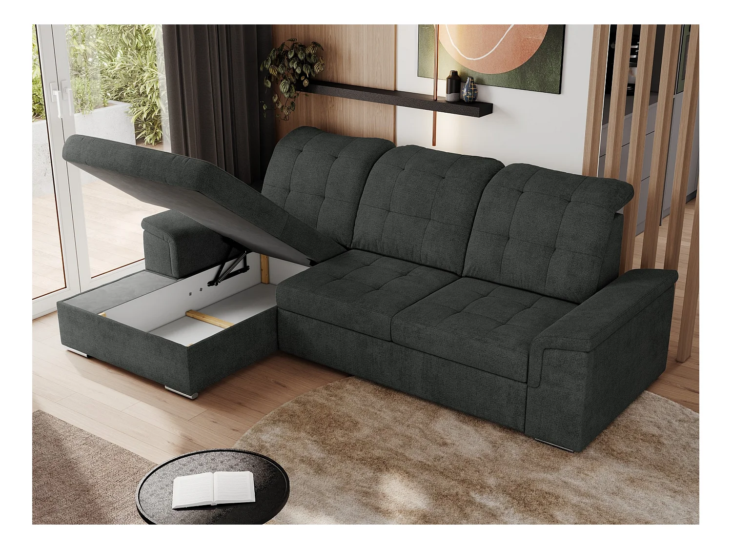 Ecksofa MADRITO - mit verstellbarer Rückenlehne, Armlehnen, gestepptem Sitz und Rückenlehne, Schlaffunktion - Dunkelgrau Struktur - Ecke Links