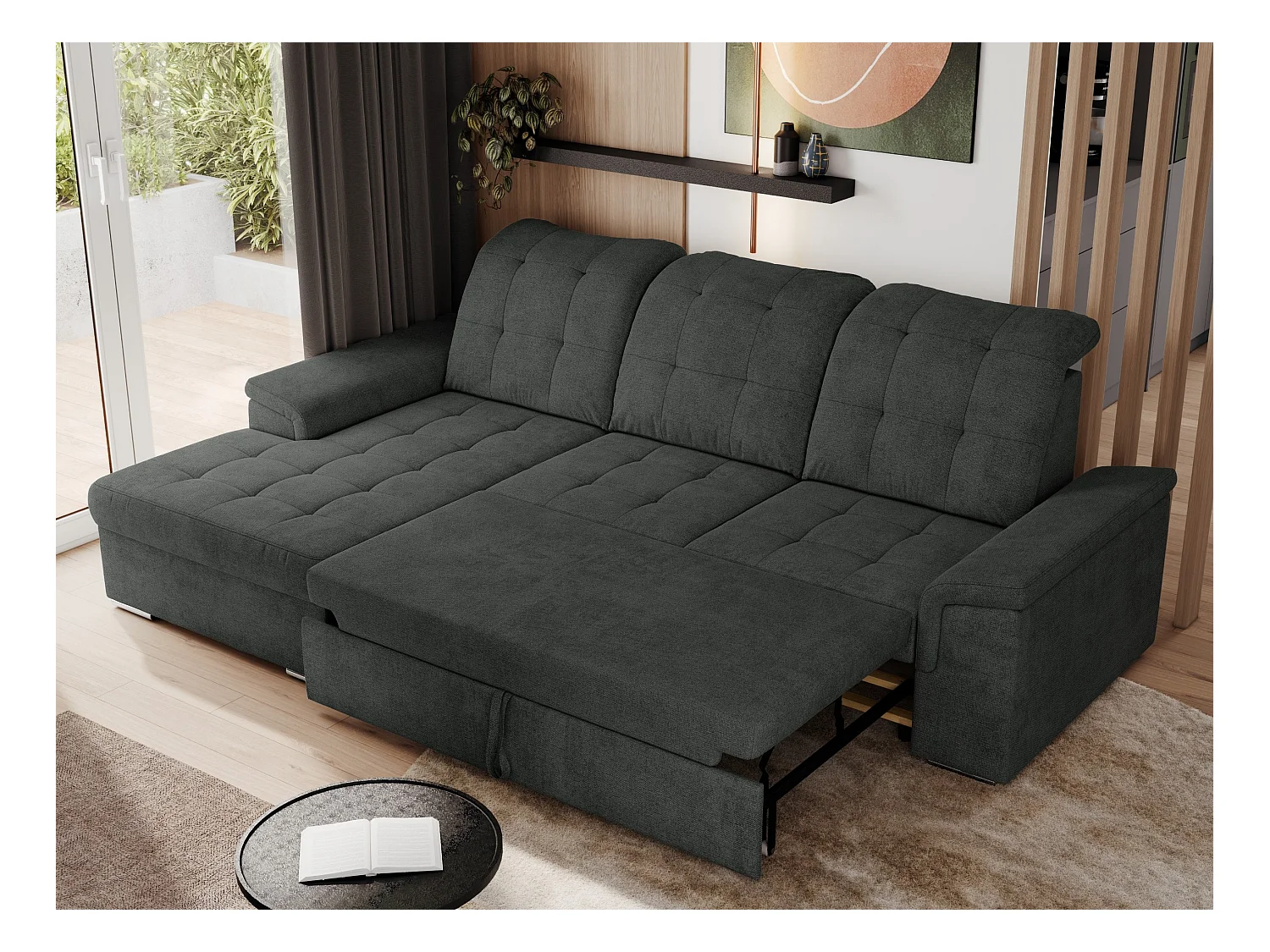 Ecksofa MADRITO - mit verstellbarer Rückenlehne, Armlehnen, gestepptem Sitz und Rückenlehne, Schlaffunktion - Dunkelgrau Struktur - Ecke Links