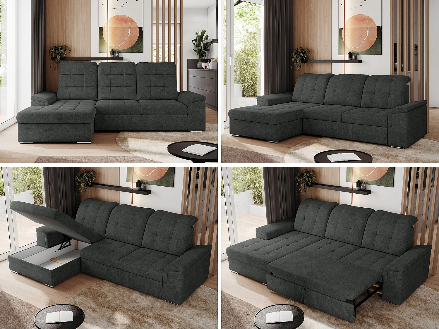 Ecksofa MADRITO - mit verstellbarer Rückenlehne, Armlehnen, gestepptem Sitz und Rückenlehne, Schlaffunktion - Dunkelgrau Struktur - Ecke Links