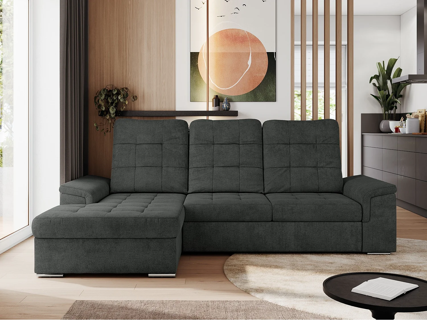 Ecksofa MADRITO - mit verstellbarer Rückenlehne, Armlehnen, gestepptem Sitz und Rückenlehne, Schlaffunktion - Dunkelgrau Struktur - Ecke Links