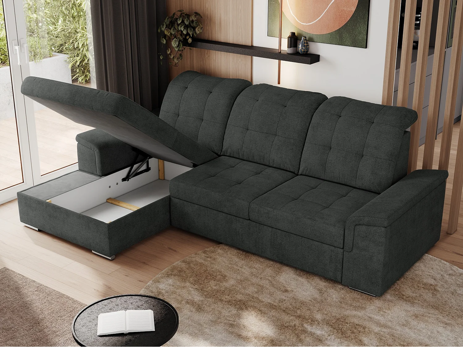 Ecksofa MADRITO - mit verstellbarer Rückenlehne, Armlehnen, gestepptem Sitz und Rückenlehne, Schlaffunktion - Dunkelgrau Struktur - Ecke Links