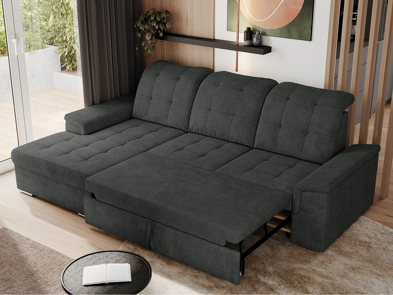 Ecksofa MADRITO - mit verstellbarer Rückenlehne, Armlehnen, gestepptem Sitz und Rückenlehne, Schlaffunktion - Dunkelgrau Struktur - Ecke Links