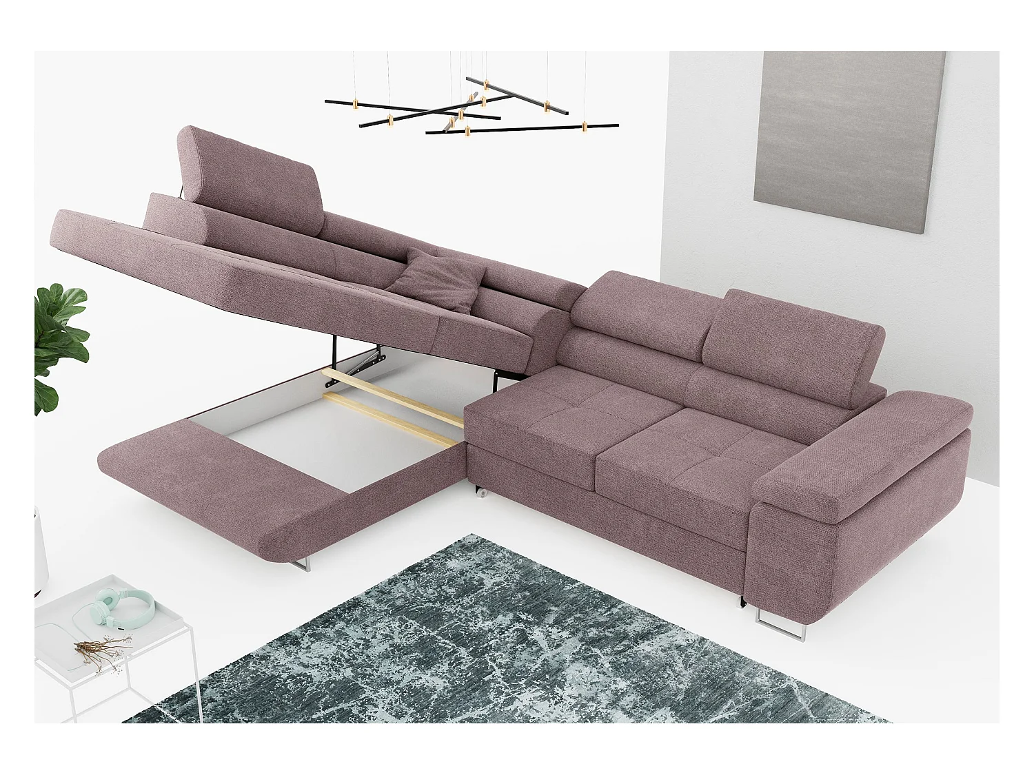 Ecksofa GUSTAW - mit Schlaffunktion, verstellbare Kopfstützen, Metallbeine - Rose Stukture - Ecke Links