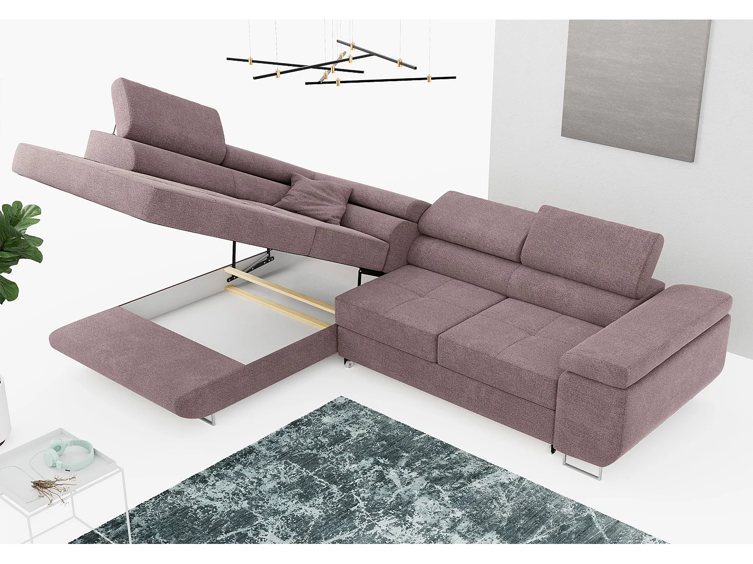 Ecksofa GUSTAW - mit Schlaffunktion, verstellbare Kopfstützen, Metallbeine - Rose Stukture - Ecke Links