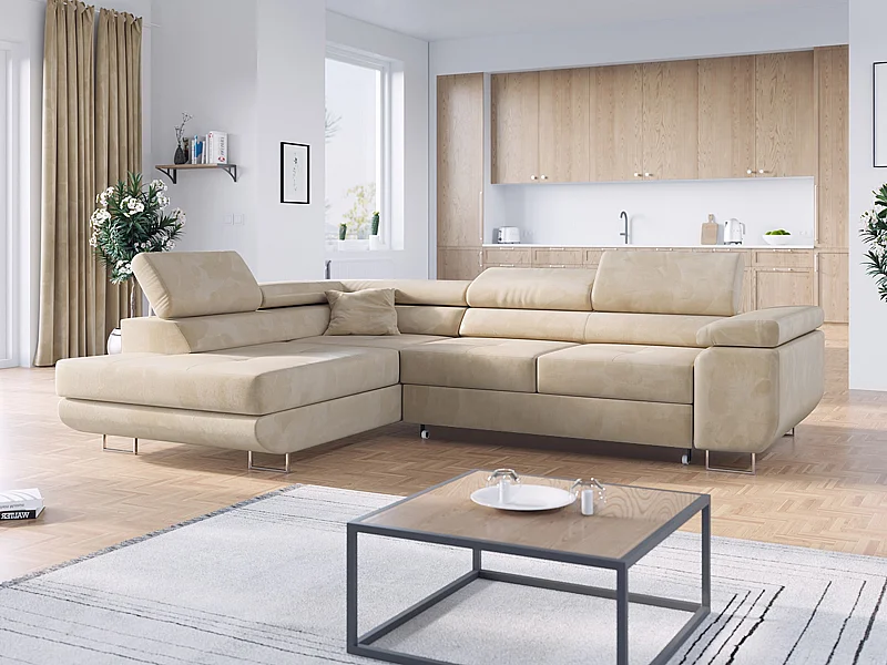 Ecksofa GUSTAW - mit Schlaffunktion, verstellbare Kopfstützen, Metallbeine - Beige Velvet - Ecke Links