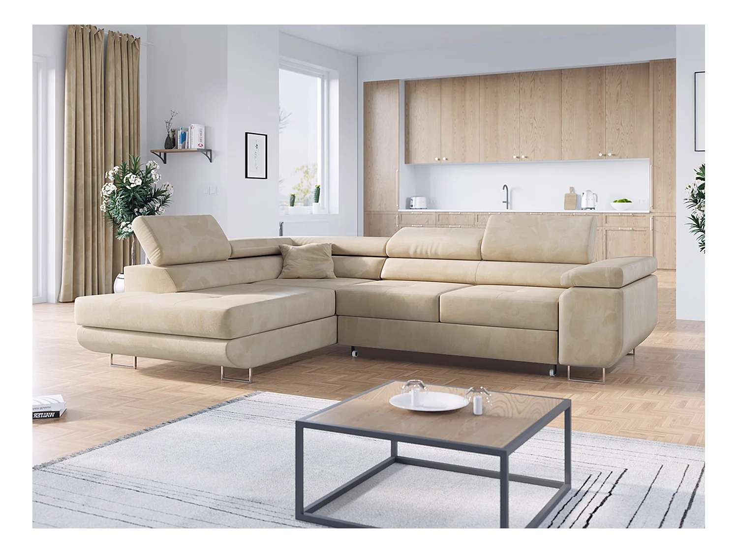 Ecksofa GUSTAW - mit Schlaffunktion, verstellbare Kopfstützen, Metallbeine - Beige Velvet - Ecke Links
