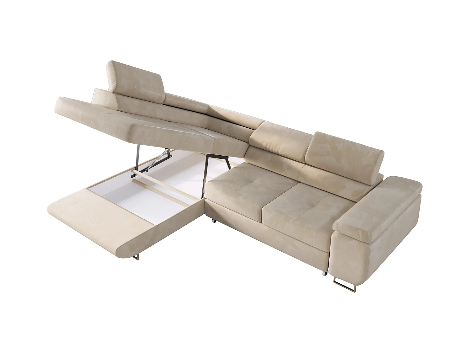 Ecksofa GUSTAW - mit Schlaffunktion, verstellbare Kopfstützen, Metallbeine - Beige Velvet - Ecke Links