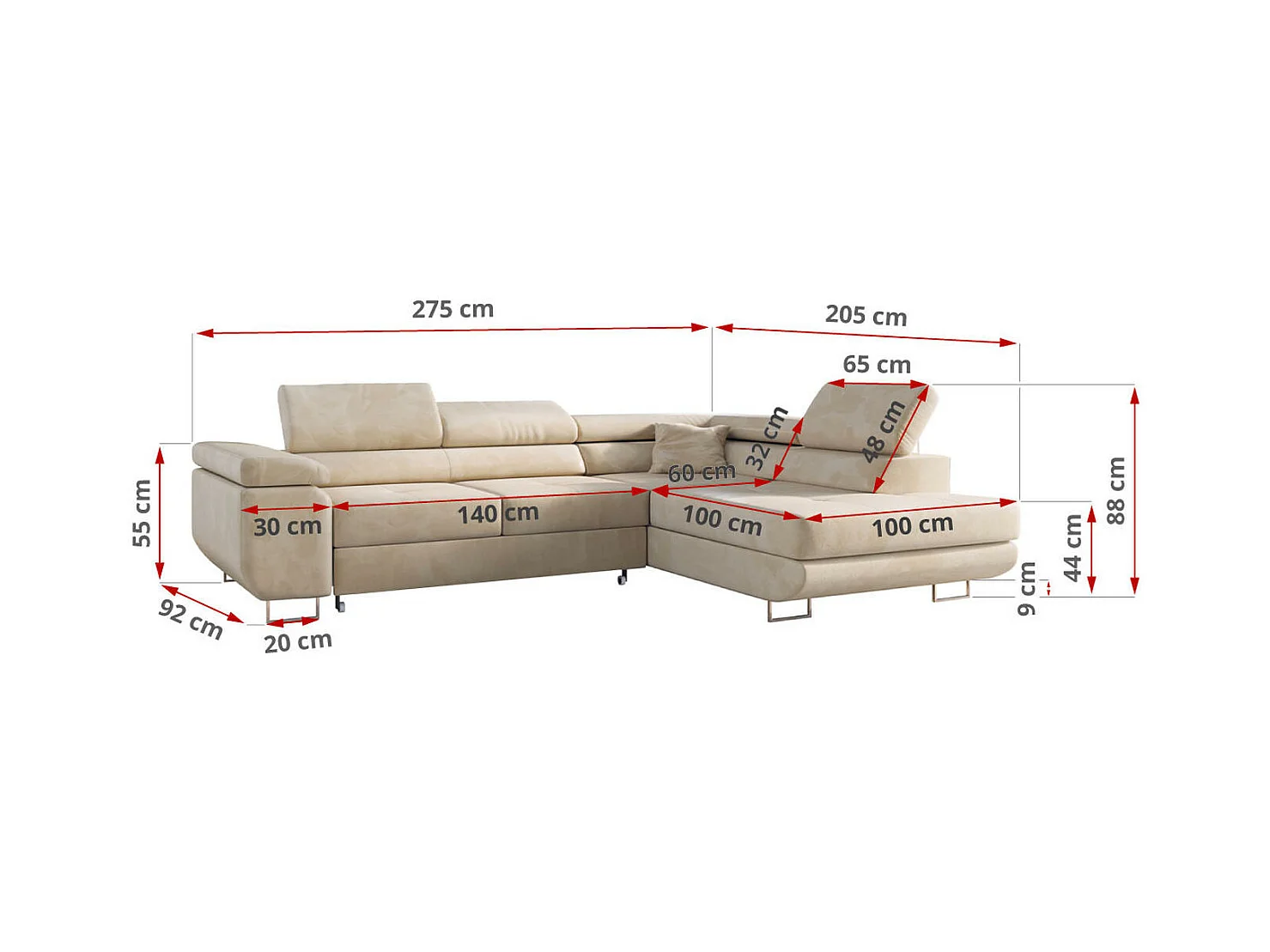 Ecksofa GUSTAW - mit Schlaffunktion, verstellbare Kopfstützen, Metallbeine - Beige Velvet - Ecke Links